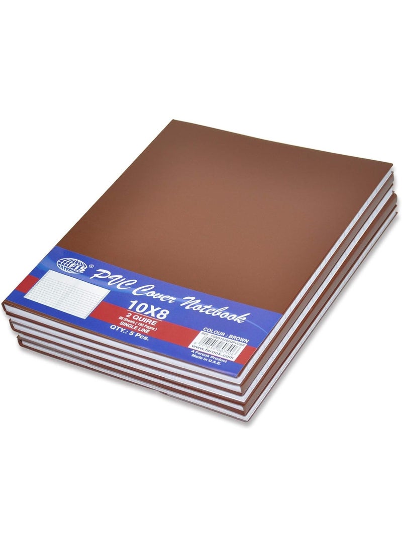FIS PVC Cover Notebooks, 10x8 Inches, Single Ruled, Glued Binding, 96 Sheets, 2 Quire, Pack of 5, Brown PVC Cover | Exercise Books for School, College, Home & Office - FSNB10X82QPVCBR - Image 1